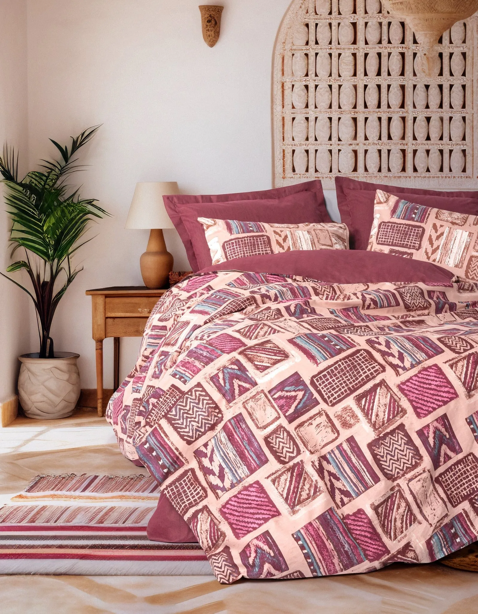 سرویس ملحفه کاتن باکس مدل Ethnic Estilo Bordo دو نفره 4 تکه