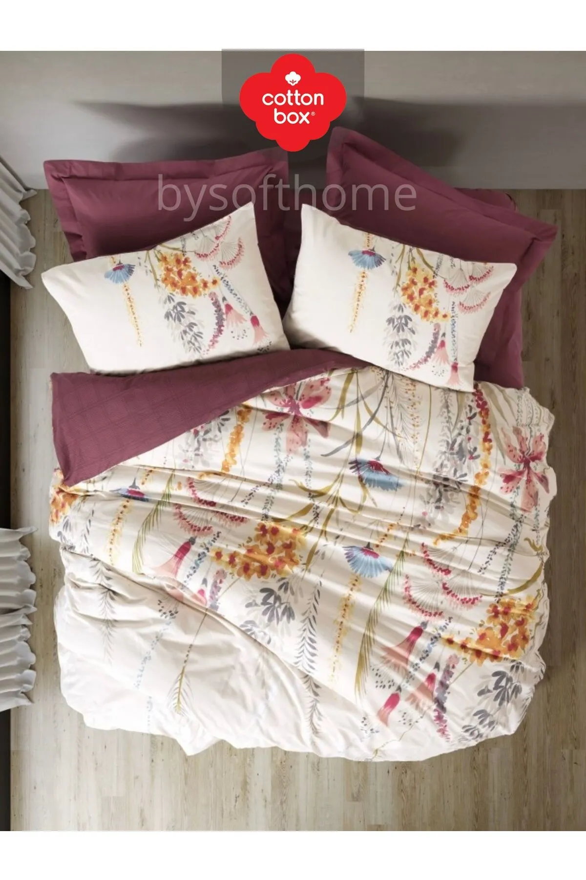 سرویس ملحفه کاتن باکس مدل ModeLine Flos Bordo دو نفره 4 تکه