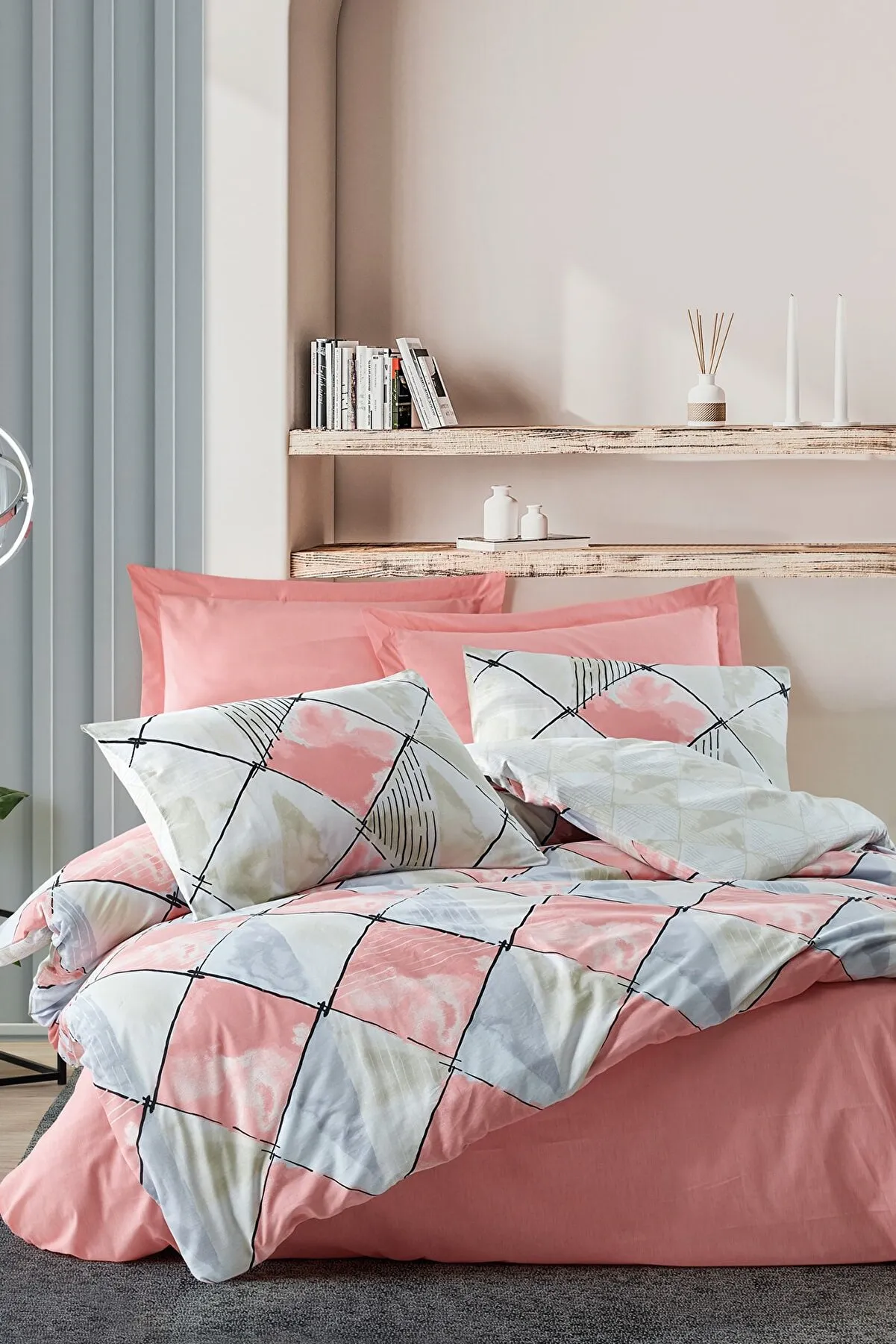 سرویس ملحفه کاتن باکس مدل ModeLine Tetragon Pembe دو نفره 4 تکه